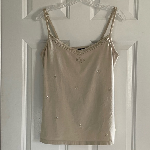 Sonoma Y2K Cami Tank Top Medium Sequins Boho Shelf Bra Beige Stretch - Picture 1 of 9